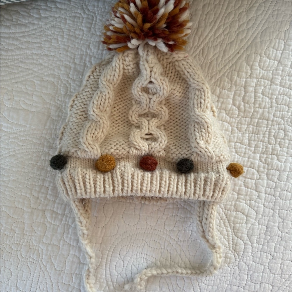 Zara Baby Cream Knit Kids Hat with Colorful Pom-Poms